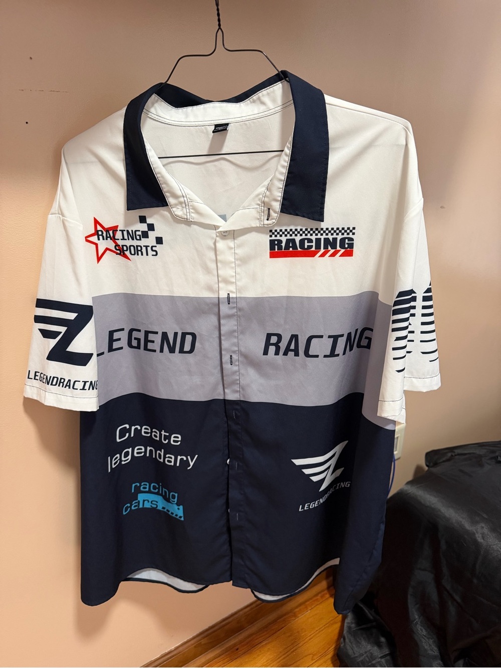 SHEIN White Navy Racing Graphic Button-Down Shirt